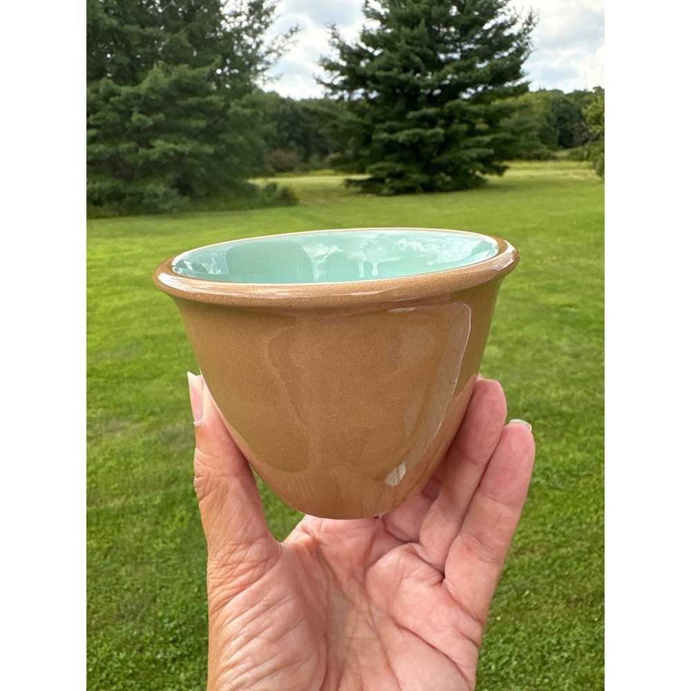 Vintage Hall China Buffet Custard Cup Ramekin Tan Seafoam Green USA Stonewa 3.5"